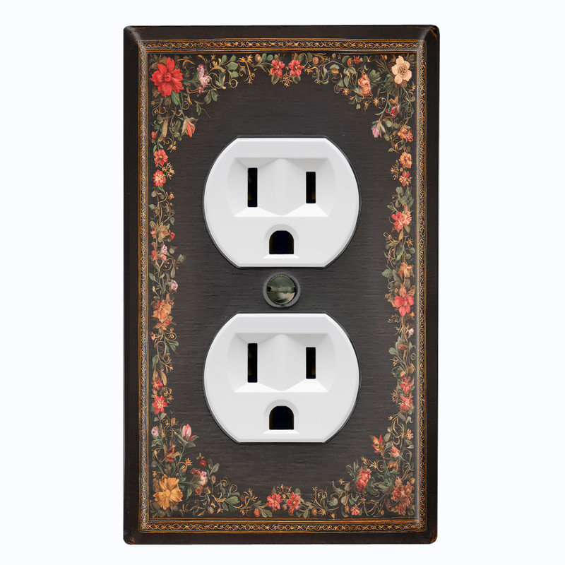 Couvercle de plaque d'interrupteur en métal de taille standard à 1 bande - cadre floral rustique, #8 Single Duplex Outlet