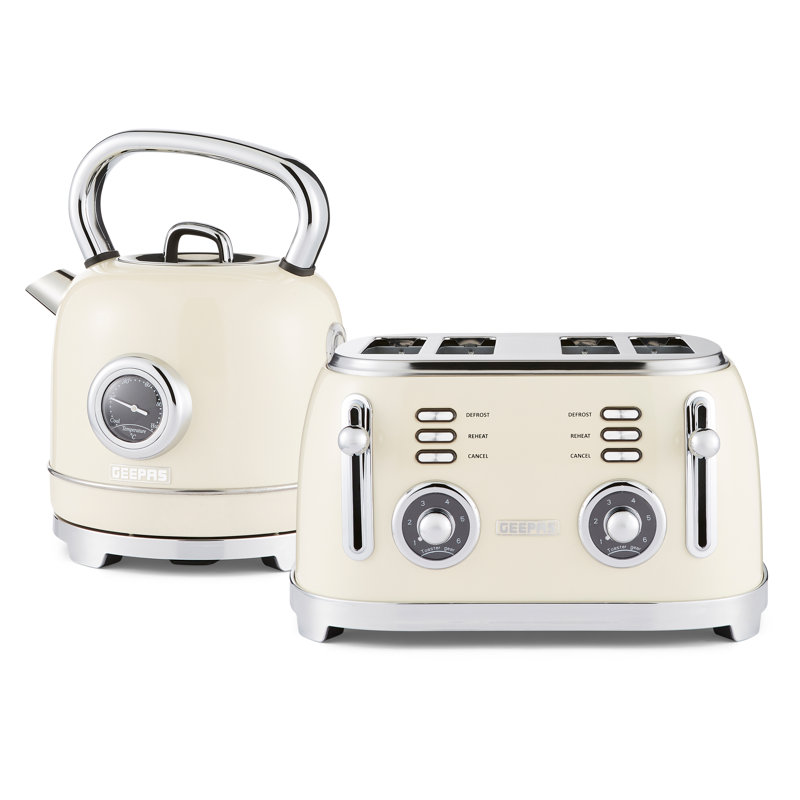 GEEPAS Retrovive 1.8L Electric Kettle & 4 Slice Bread Toaster Kitchen Combo Set | 3000W Vintage Cordless Stainless Steel Kettle Auto Shut-Off, Temperature Gauge | Defrost/Reheat/Cancel 1500W