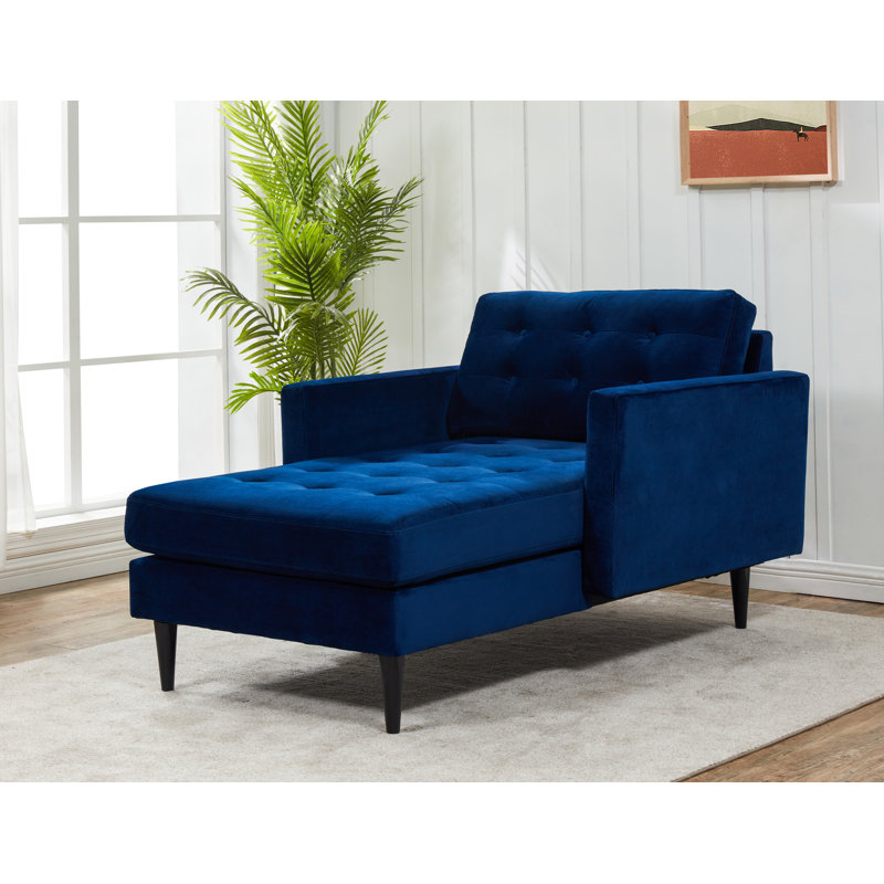 Chaise longue capitonnée à deux accoudoirs carrés, Velours bleu marine