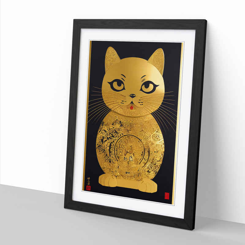 Maneki Neko Gold Cat - Single Picture Frame Print, 34cm H x 25cm W x 2cm D, Oak