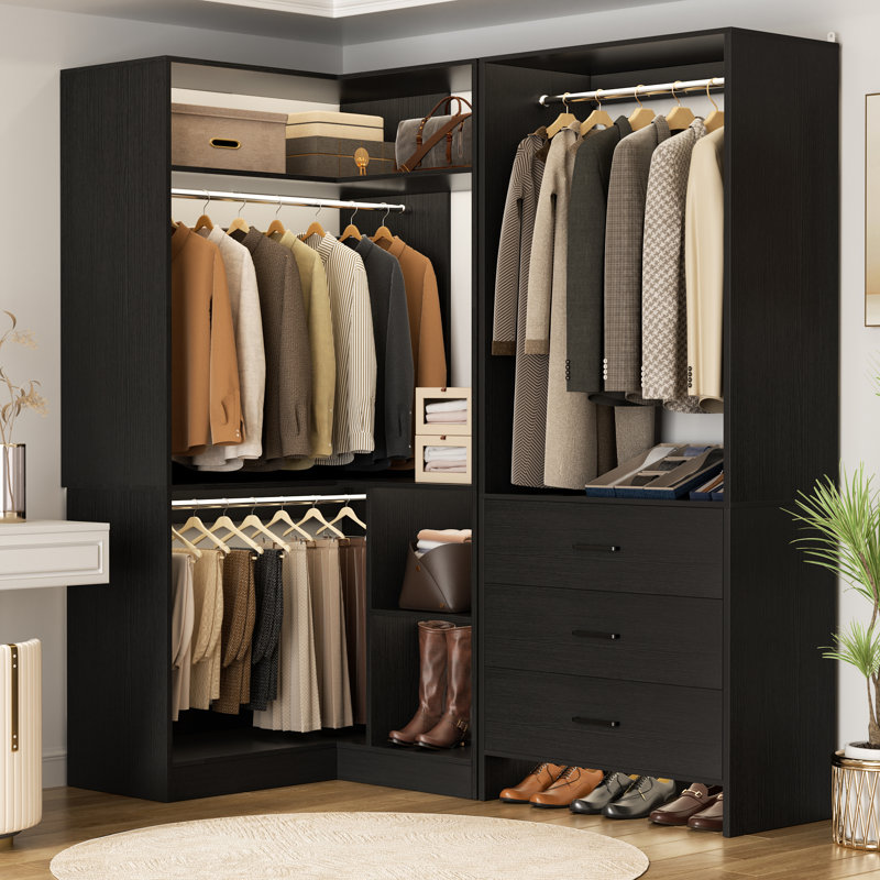 Système d'organisation l 31,5 po à 57,2 po avec tiroirs en bois, Noir, noir, noir, noir