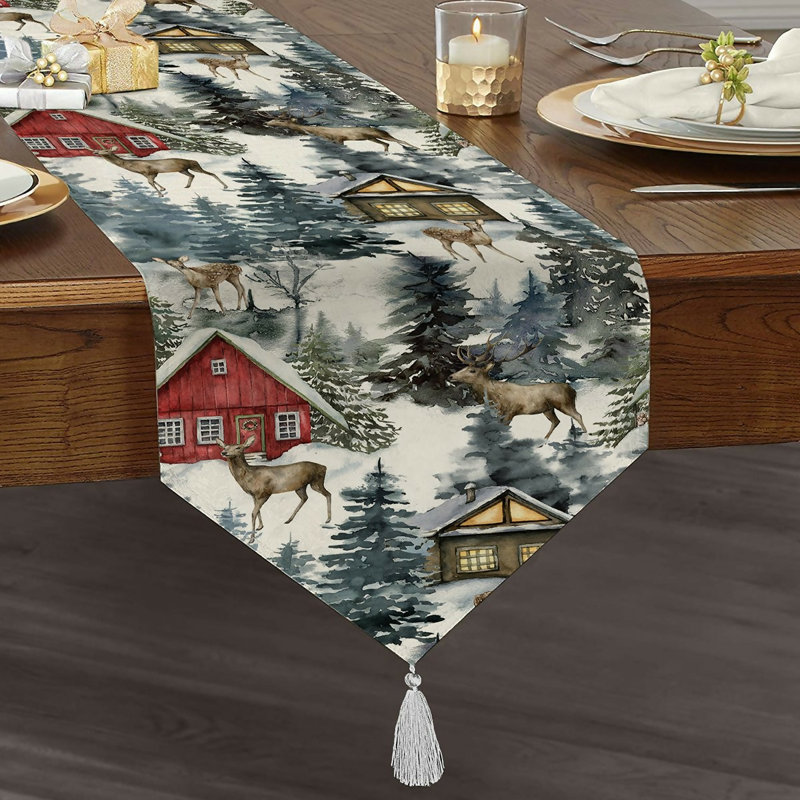 Chemin de table de Noël et des Fêtes avec pompon, idéal pour les fêtes