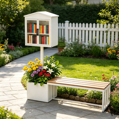 Outdoor Metal+HDPE Double Door Little Library Box Garden Bench, Planter Bench with Book Exchange Box, Weatherproof