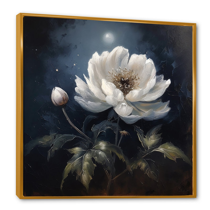 Lune argent foncé foncé fleur blanche, Cadre flottant doré, H 30 po x l 30 po x P 1 po