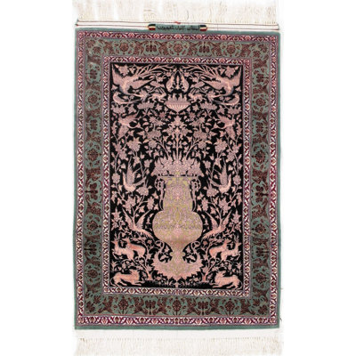 Tapis unique noué à la main rose / noir / vert de 2 pi 8 po x 4 pi Greiner
