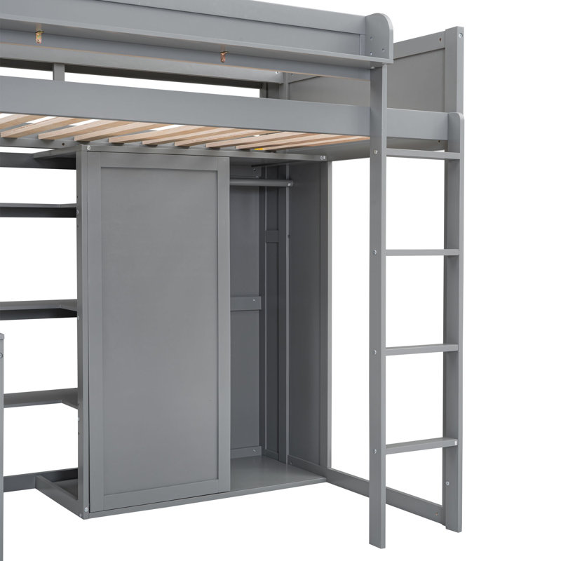 Lit mezzanine simple en bois avec plusieurs tablettes de rangement et garde-robe, gris, Gris