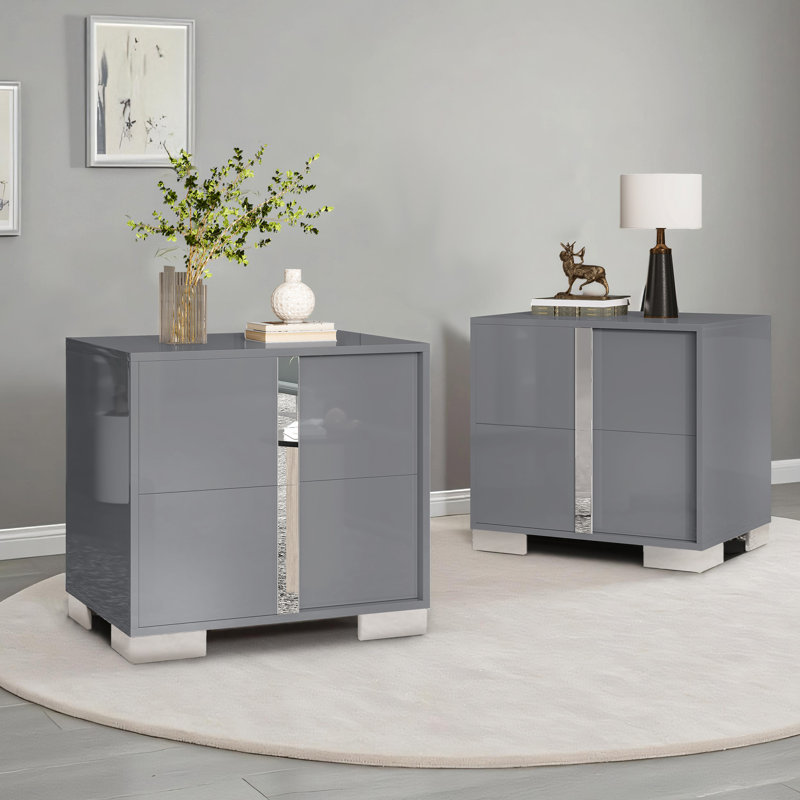 Table de chevet moderne lustrée 23,6 po avec poignée à tirer électrolytique Mercidieu, gris, ensemble de 2, Gris