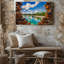 Toile, scène de plage tropicale vibrante vue à travers un grand art mural irrégulier en forme de trou dans une brique vieillie-1955539133