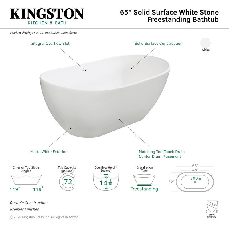 Matte White Acrylic Freestanding Soaking Tub, 65-Inch