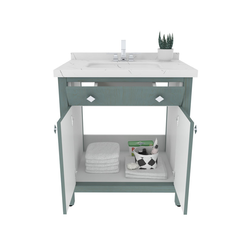 Ensemble de meuble-lavabo simple 31 po avec plateau en marbre d'ingénierie Elfand, Bleu-vert