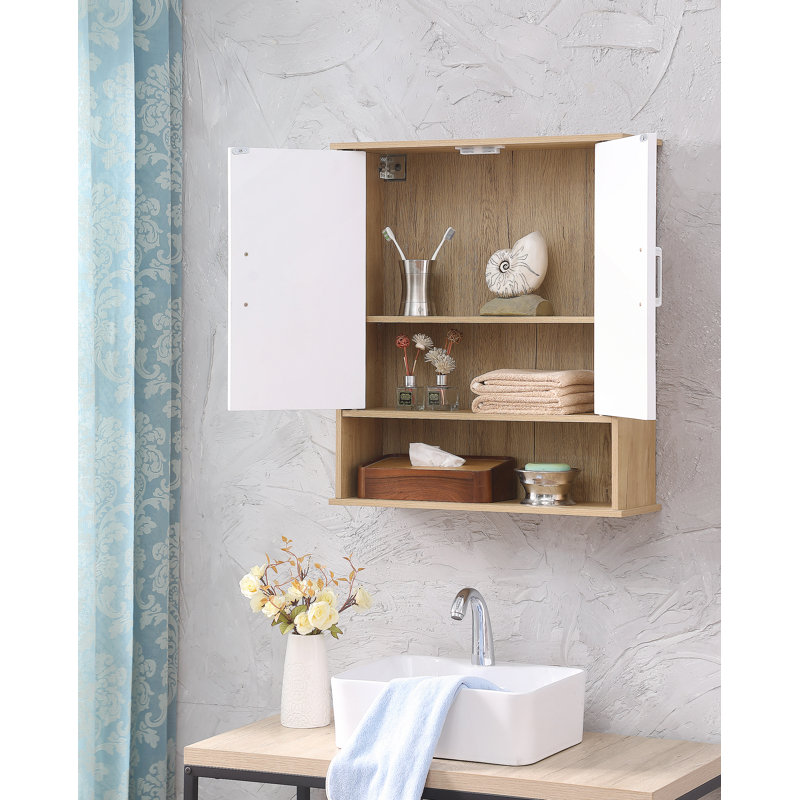 Armoire murale de salle de bain avec porte double, tablette inférieure, portes à motif ondulé, tablette intérieure réglable, installation facile, bois blanc et naturel
