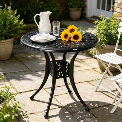 Table bistro ronde en aluminium coulé 30,75 pouces avec trou pour parasol 2 ", table de salle à manger d'extérieur en treillis noir pour jardin