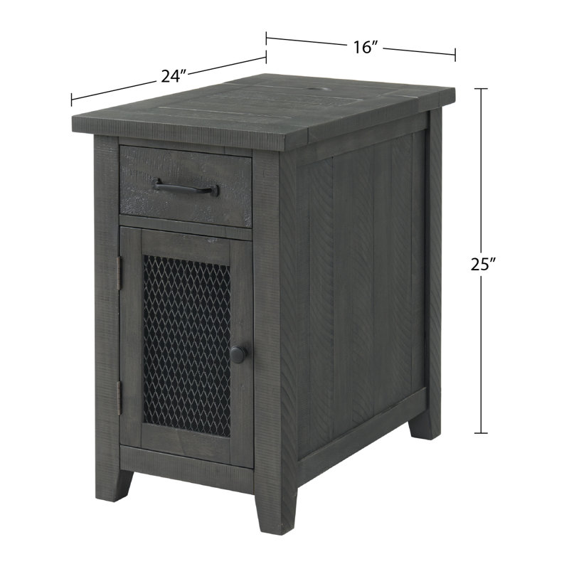 Jakendra Solid Wood End Table with Storage and Built-In Outlets, Grey