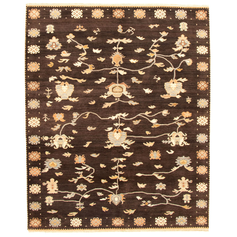 Tapis brun foncé en laine noué à la main Turlock