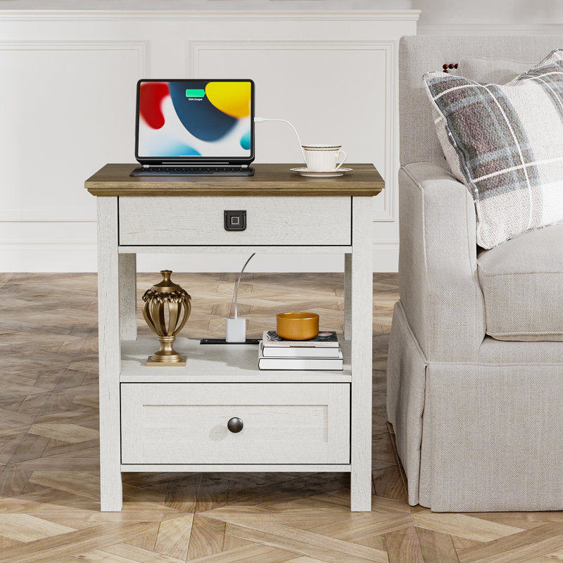 Ariyana End Table With Drawers And Built-In Outlets, White