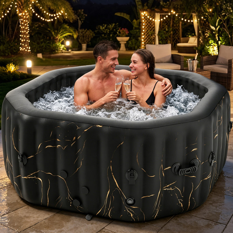 60" 4 Person Inflatable Hot Tub, Black Gold Marble, 120 Bubble Jets, 1350W Fast Heating Portable Spa with Filter & Cover