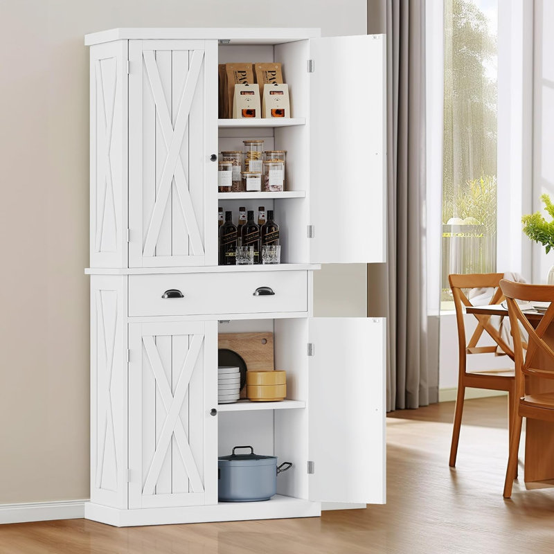 Tall Farmhouse Kitchen Pantry With Adjustable Shelves, Kitchen Storage Cabinets With Doors & Drawer, Freestanding Cupboard For For Kitchen, Dining Room, Living Room