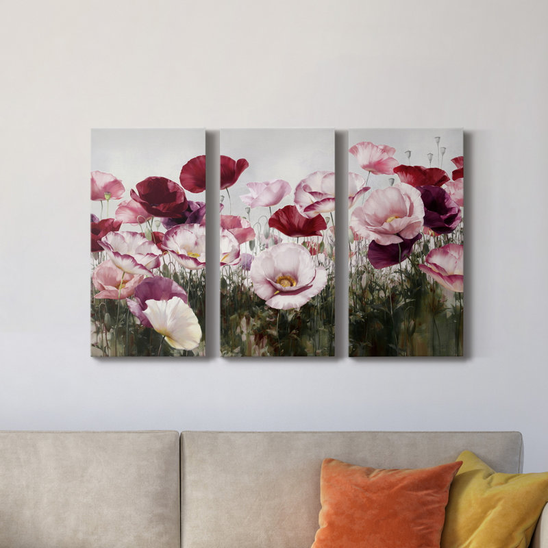 Royal Poppy Field - Ensemble de 3 peintures sur toile tendue, H 60 po x l 120 po x P 1 po