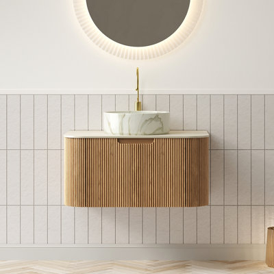 30" Bathroom Vanity, Wall - Mounted With 3d Striped Finish In Natural Wood Grain, 14 Inch White Round Ceramic Sink, Easy To Clean, Ample Storage Vanity Basin And Stone Pattern, Floating Curved Edges