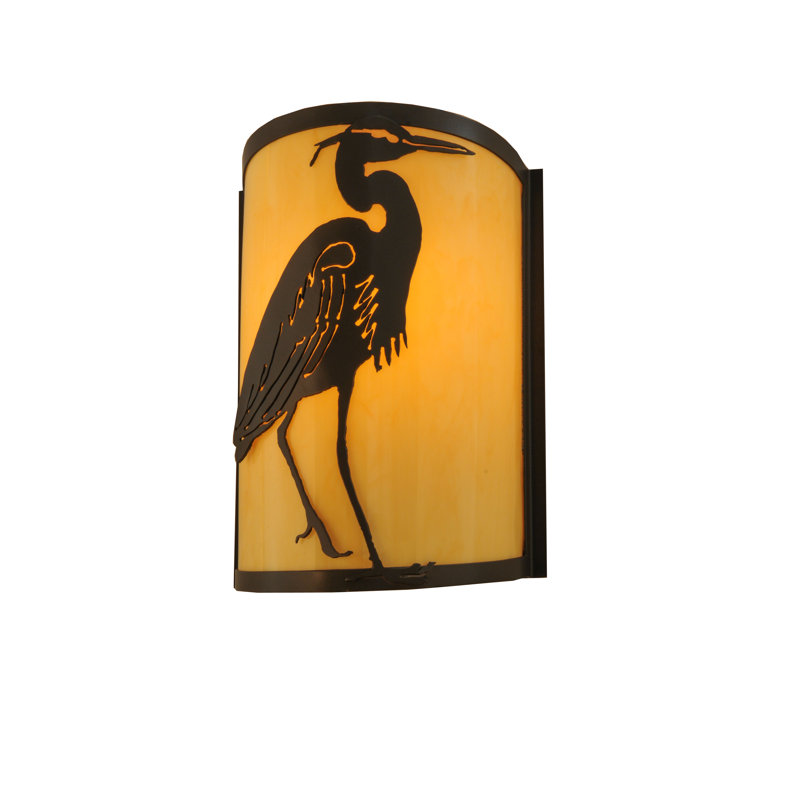 Bronze Heron Design Wall Sconce with Amber Glass