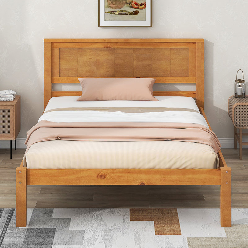 Base de lit plateforme avec tête de lit, support à lattes de bois, aucun sommier nécessaire, Lit simple