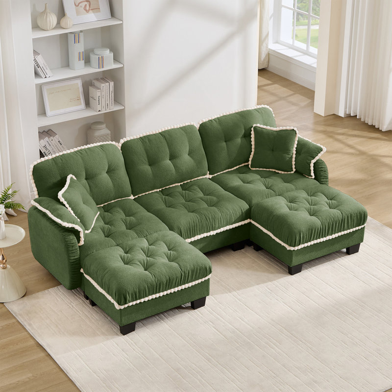 Canapé en chenille avec repose-pieds mobile et coussins capitonnés, L 100,7 po, Chenille verte
