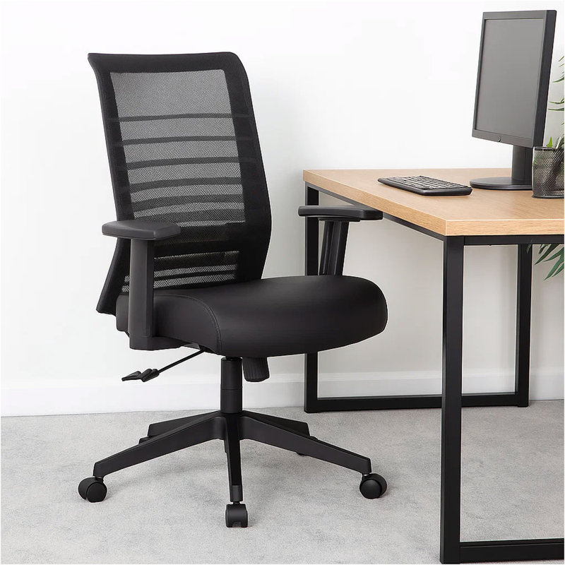  Rolling Task Chair, Black Mesh And Antimicrobial Vinyl, Synchro-Tilt