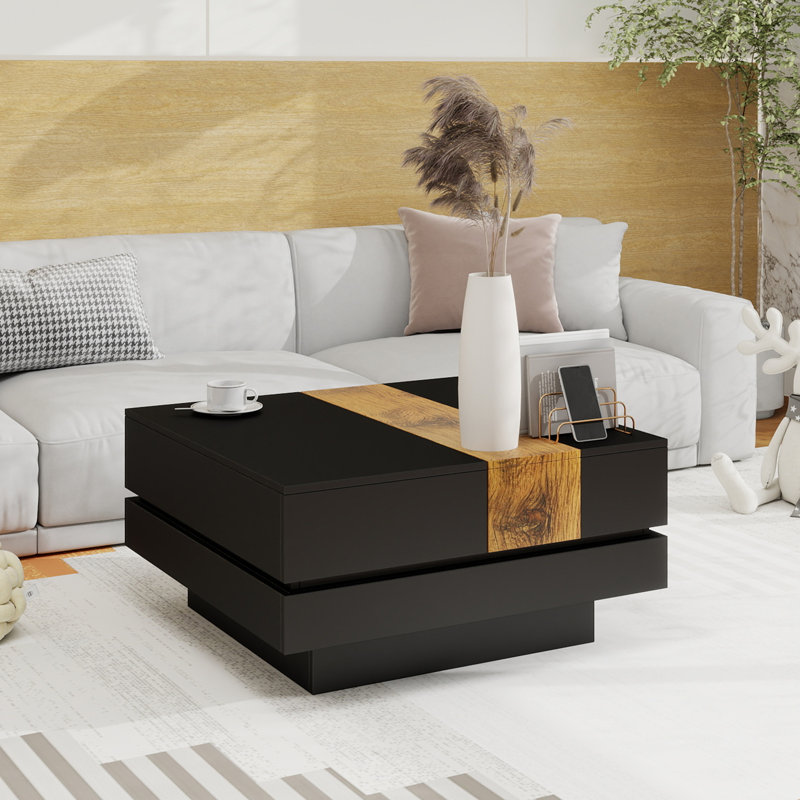 Table basse carrée 31,4 po x 31,4 po avec plateau coulissant, table centrale haute brillance avec compartiment de rangement caché, table de cocktail extensible avec finition grain de noyer pour le salon, noir