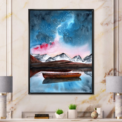 Paysage avec un bateau reflétant dans un lac de montagne - reproduction sur toile