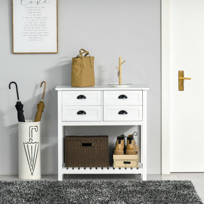 Console Table Storage Cabinet - 4 Drawer Sideboard In White For Kitchen, Living Room Kitchen With Drawers Slatted Shelf Use