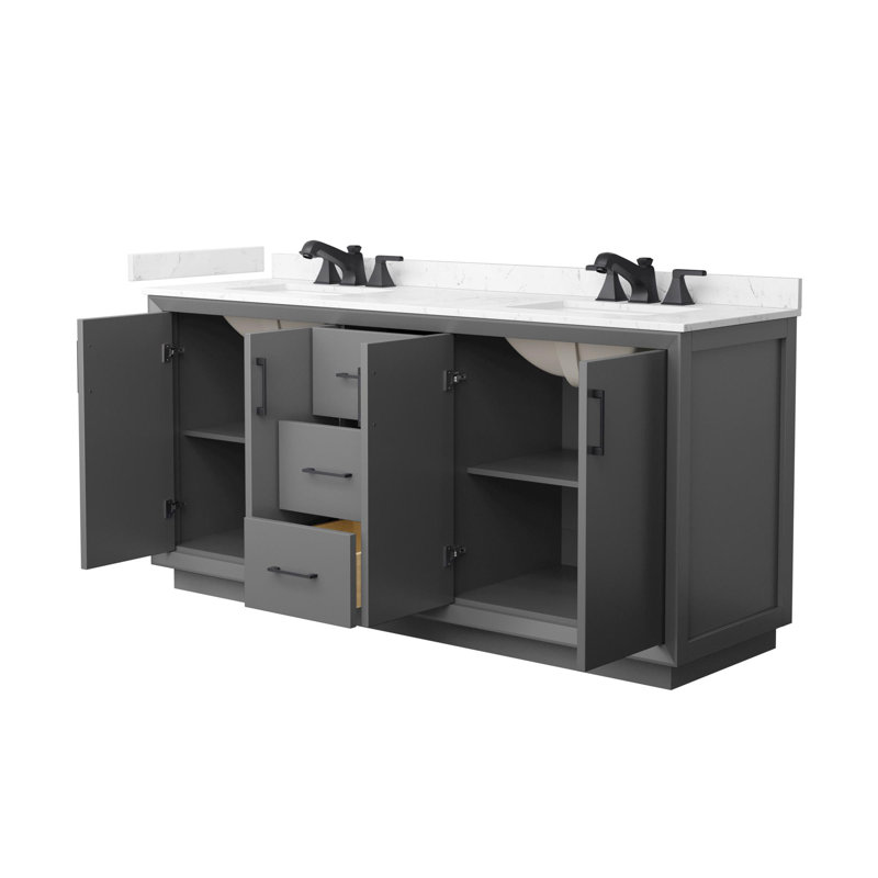 Strada 72" Freestanding Double Bathroom Vanity with Cultured Marble Top, Gray, Matte Black