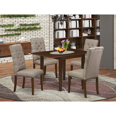 5 Piece Dining Set Includes a Rectangle Dining Room Table with Dropleaf and 4 Dark Khaki Linen Fabric Upholstered Chairs, Mahogany