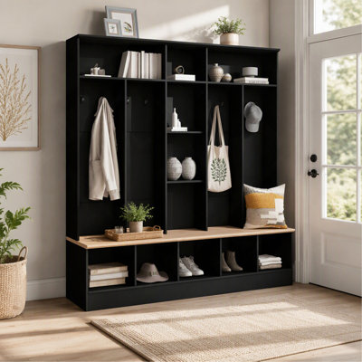 Arbre d'entrée large avec banc de rangement et 8 crochets, armoire à chaussures minimaliste avec rangement cubique et tablettes, portemanteau multifonctionnel
