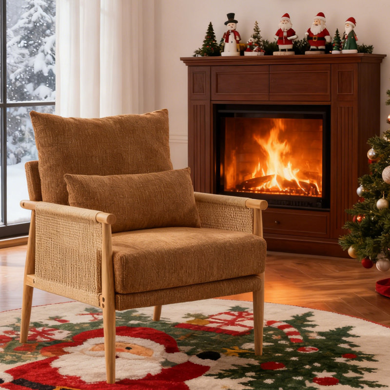 Masson Chenille Accent Chair Armchair With Pillow, Yellow Chenille