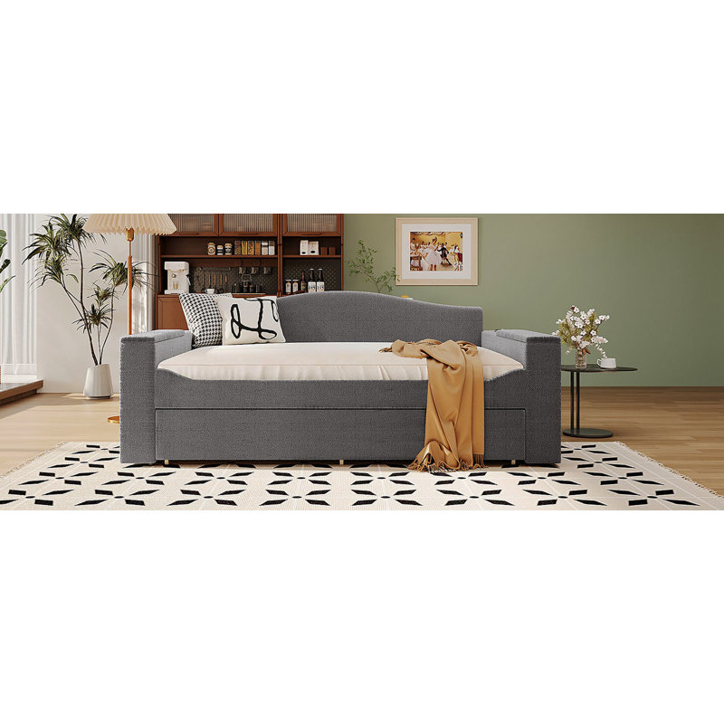Lit de jour double rembourré avec accoudoirs de rangement, couchette et dernier système audio Bluetooth intégré, molleton Teddy, gris