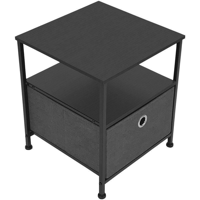 Black Steel Frame Nightstand with Wood Top and Fabric Drawer