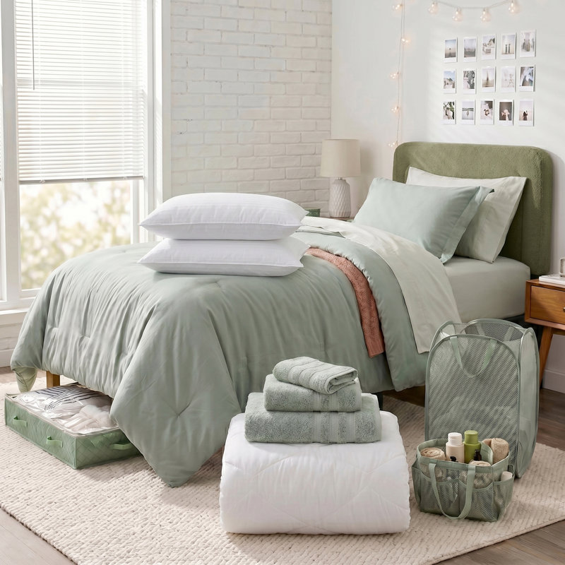 Ensemble de dortoir pour Collège simple 16 pièces AMYX, bouclé headboard, Sage, Down Alternative pillows