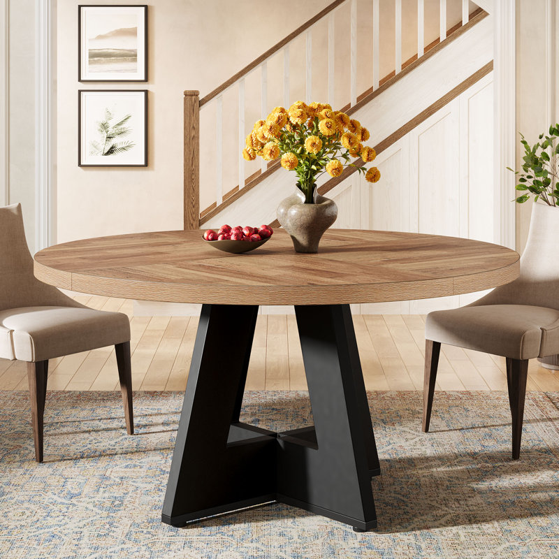 47 Inch Round Dining Table for 4 Farmhouse Kitchen Table, Retro Light Brown/Black