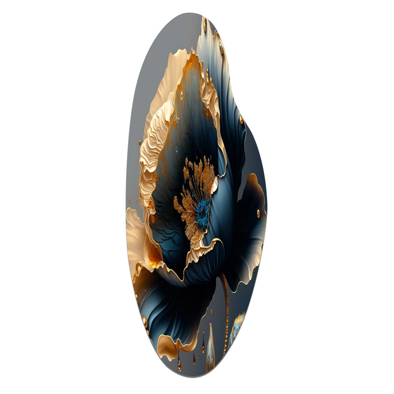 Fleur profonde bleue et dorée simple IV - Art floral asymétrique en métal, sculpture murale en métal incurvée
