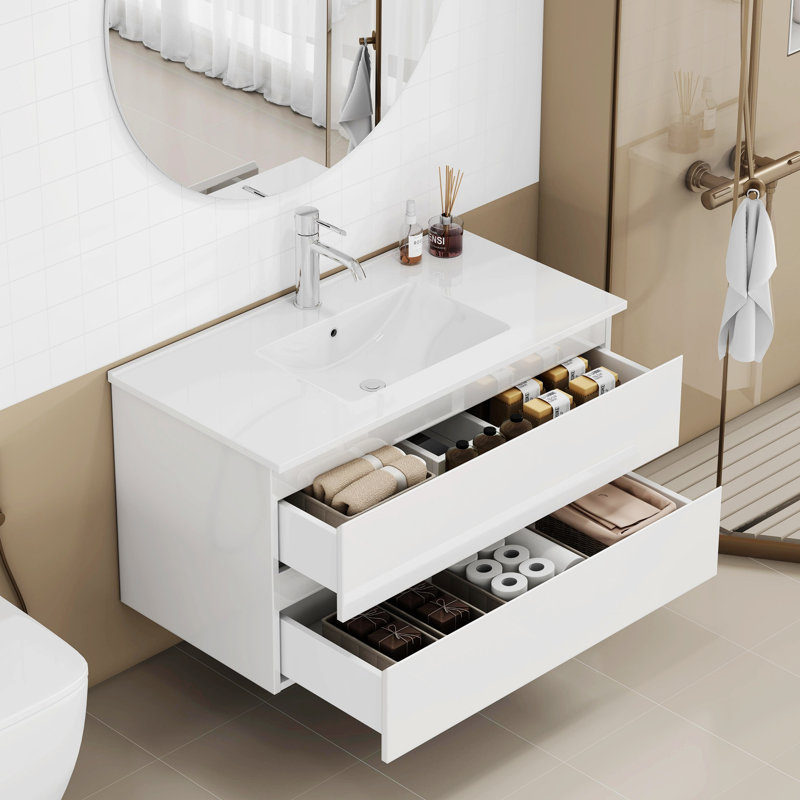 Ensemble de meuble-lavabo avec lavabo, 2 grands tiroirs, système de fermeture en douceur