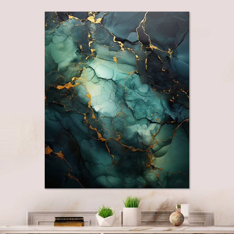 Or et vert motif de marbre abstrait III - décoration murale en marbre, H 32 po x l 16 po x P 1 po