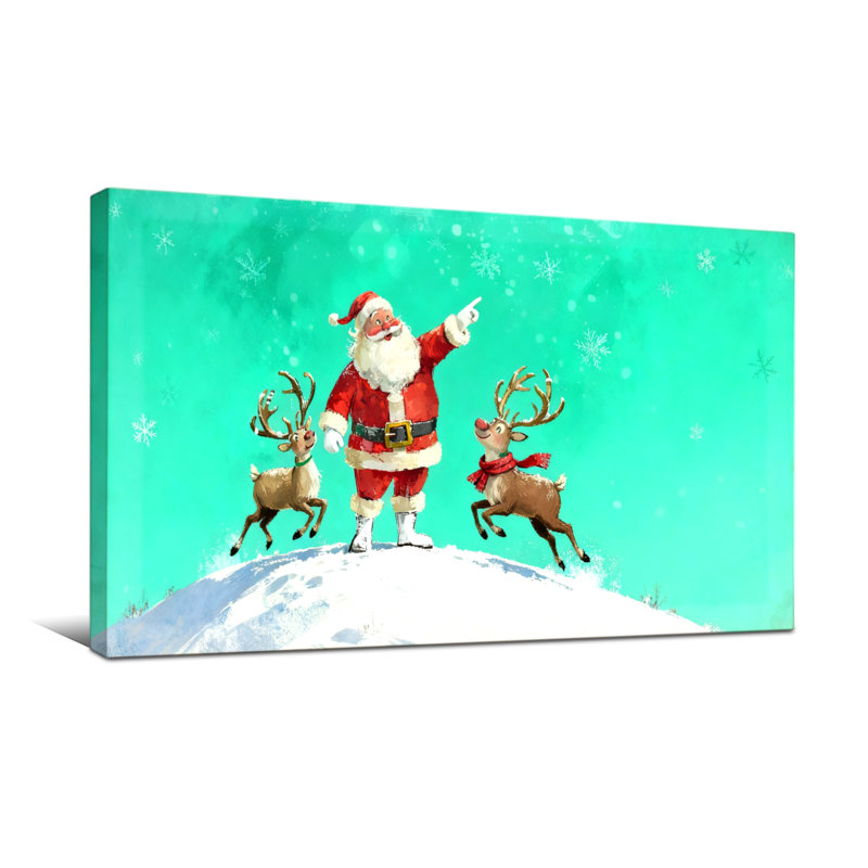 Père Noël avec des rennes sur la colline enneigée, H 24 po x l 48 po