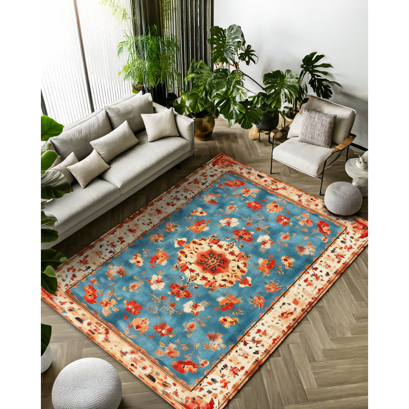 Tapis en mélange de coton et polyester à imprimé numérique Larissa Collection - Bleu sarcelle et rouge, Rond 3 pi 4 po