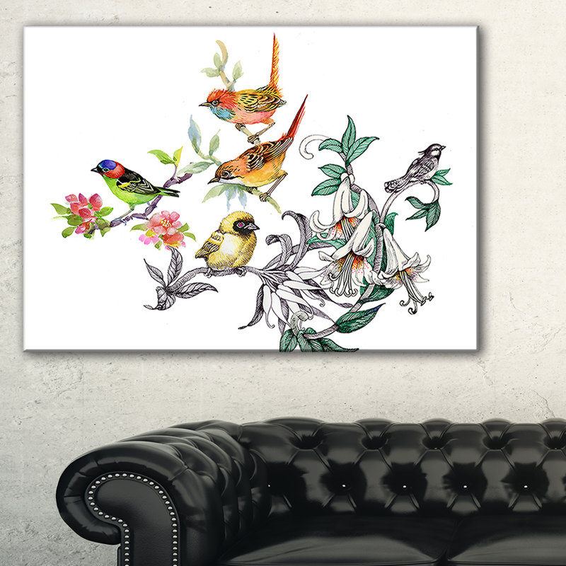 Peinture sur toile tendue, fleurs et oiseaux tropical, H 16 po x l 32 po x P 1 po