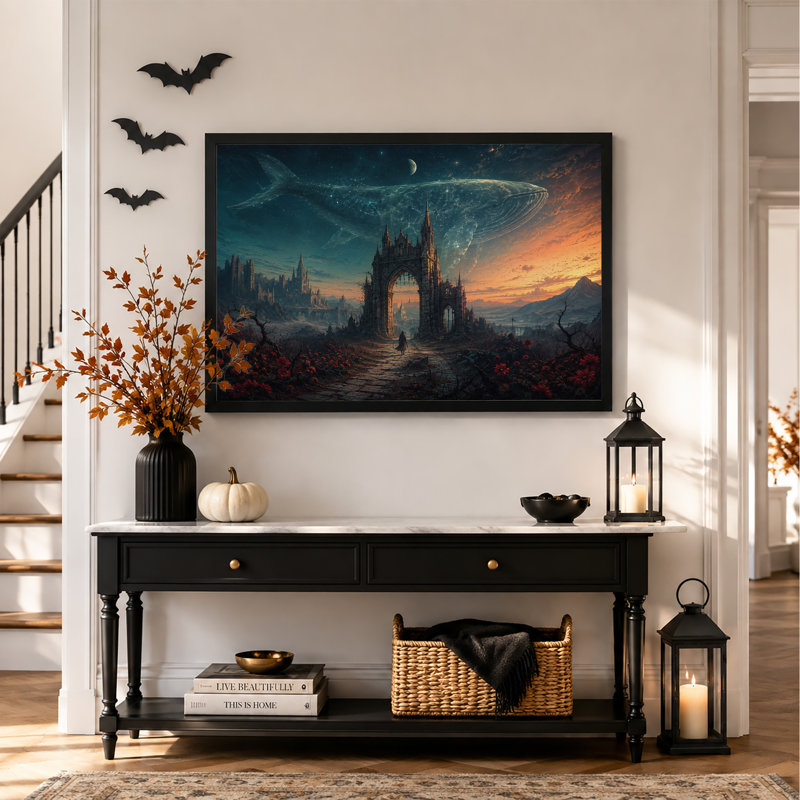 Baleine étoilée planant au-dessus d'une arche gothique et toile murale rouge d'Halloween, H 20 po x l 30 po