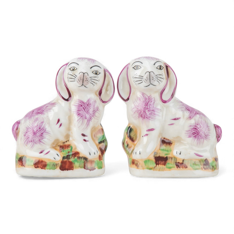 Small Blue Staffordshire Style Bunny Figurines Pair, Pink/White/Beige