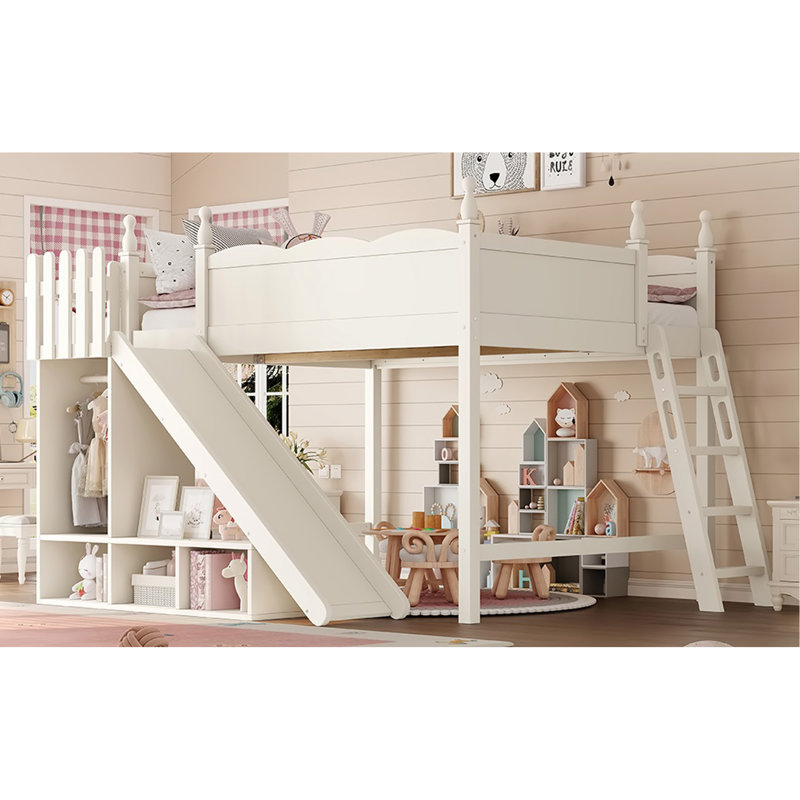 Grand lit mezzanine avec tablettes de rangement et garde-robe, lits mezzanine en bois massif avec glissières et échelles amovibles, aucune boîte à ressorts nécessaire, beige (protection par brevet)