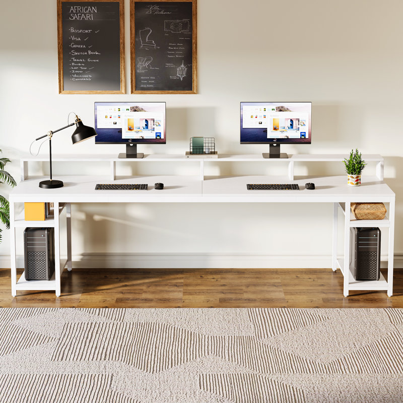 78.74" W Double Computer Desk With Monitor Stand, Two Person Desk With 4 Open Shelves, White
