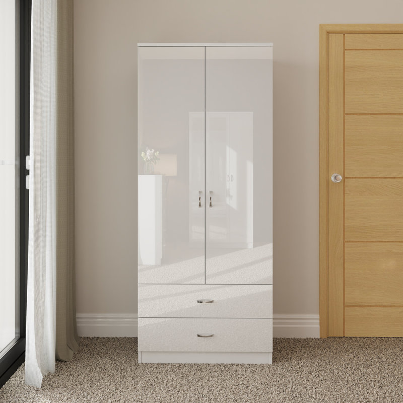 Brendle 2 Door 2 Drawer Combi Wardrobe - High Gloss Front, Soft Close Doors, Polished Metal Handles, White