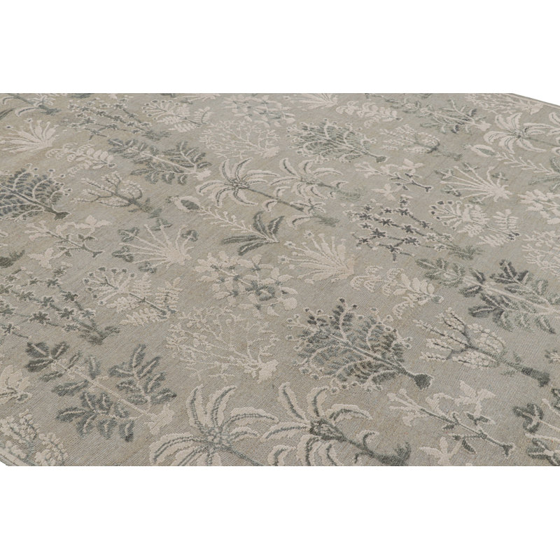 Rug & Kilim’S Modern Block Print Rug In Silver-Gray & Teal With Floral Patterns, Rectangle 13' x 19'